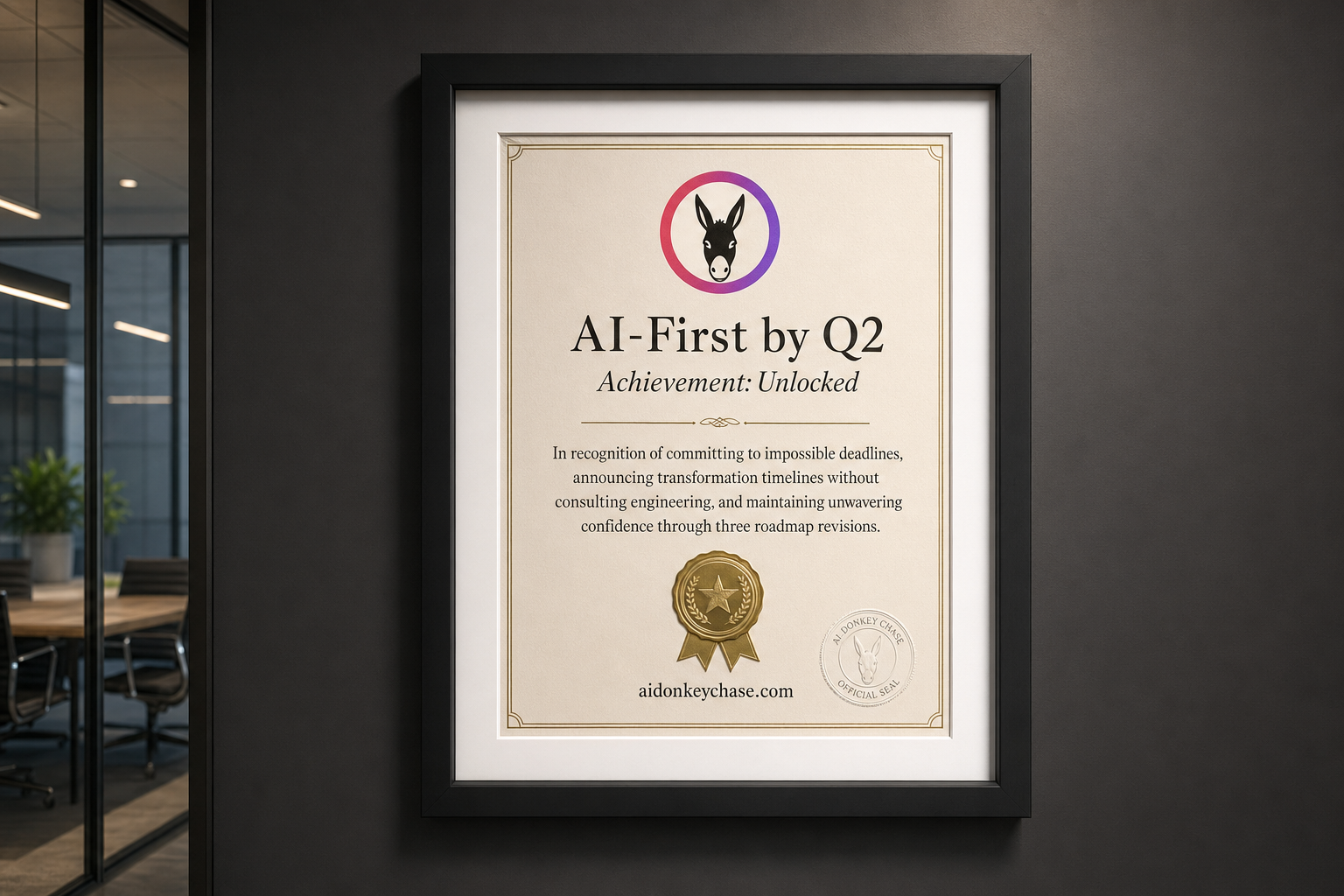 Satirical framed certificate: AI-First by Q2 (Achievement: Unlocked)
