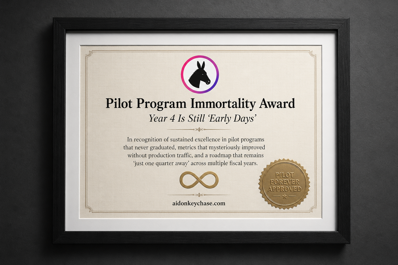 Satirical framed certificate: Pilot Program Immortality Award (Year 4 Is Still Early Days)